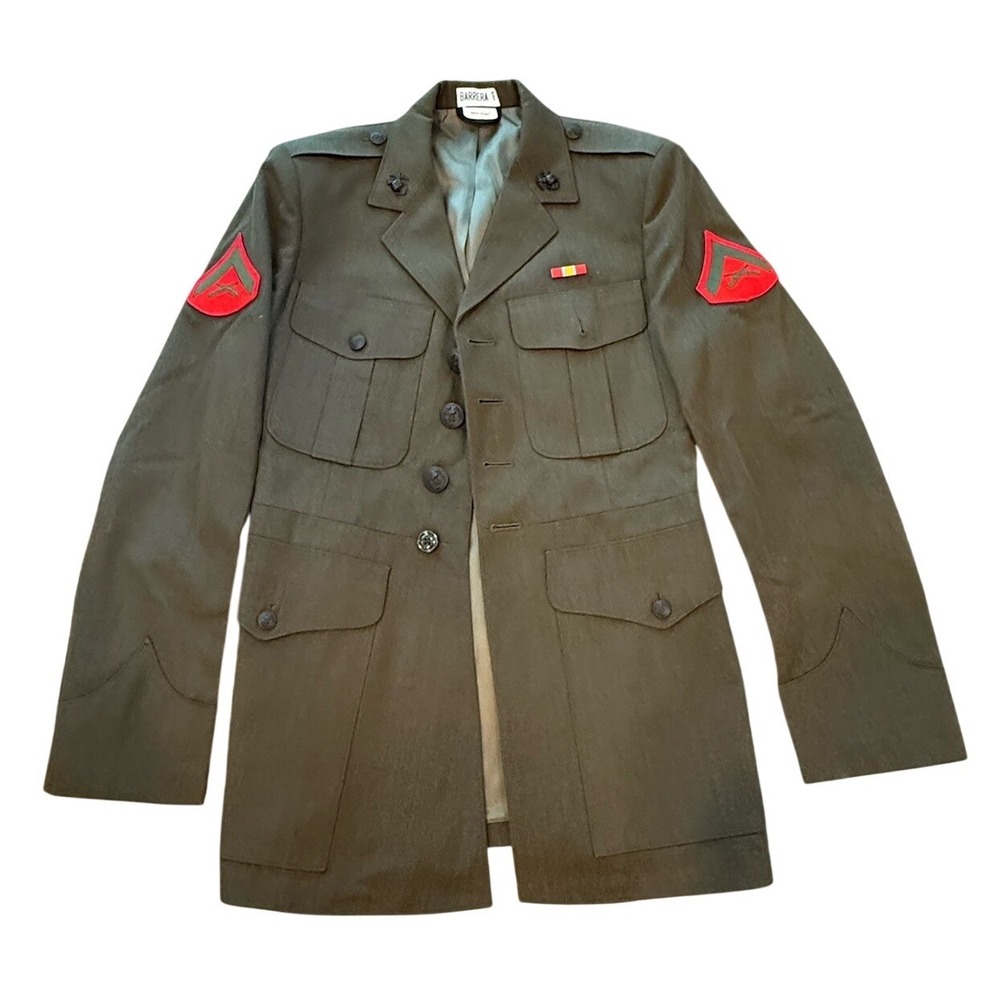 Vintage USMC Military Marine Dress Wool Coat 39R Brown Red Uniform Jacket 70s